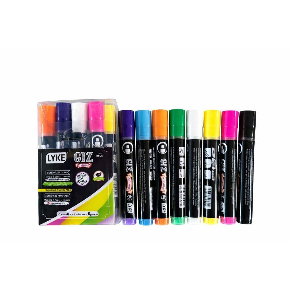 Giz Líquido Neon LYKE Kit c/ 8 Unidades (8g) | Caneta Marcador Colorido p/ Lousa/Quadro/Janela