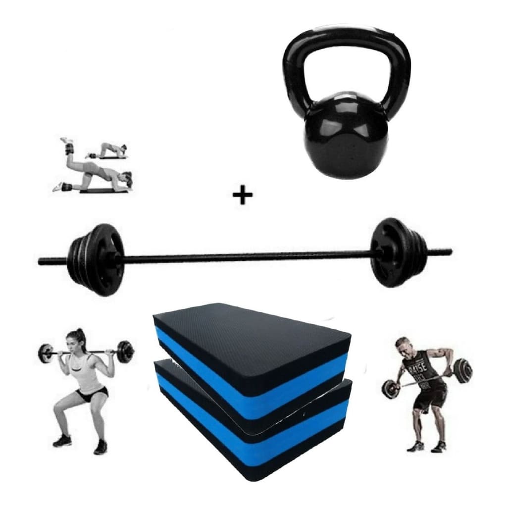 Kit Treino Pump - Barra + 10 Kg Anilha + 2 Step + Kettlebell