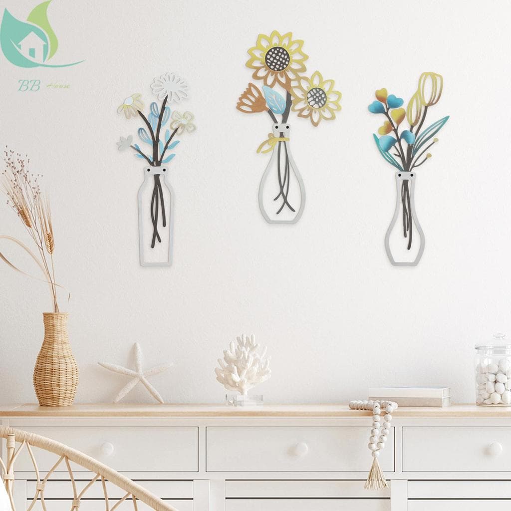 3 Pçs Decoração De Parede De Flor De Ferro Fácil Instalação Conjunto De Arte Metal Com Parafusos Para Casa SHOPQJC0684