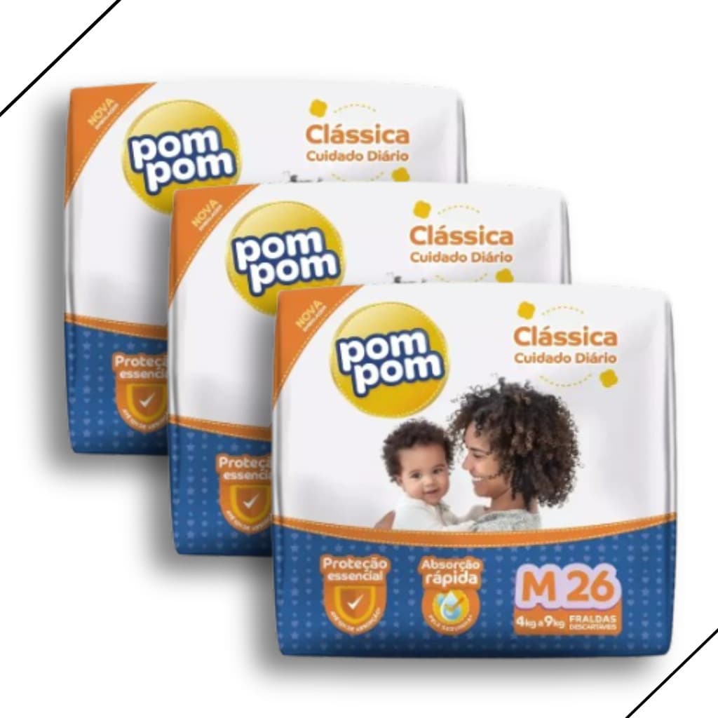 Kit 3 Fralda Descartável Pom Pom Clássica Tamanho M Pacote Jumbo - Total 78 Unidades