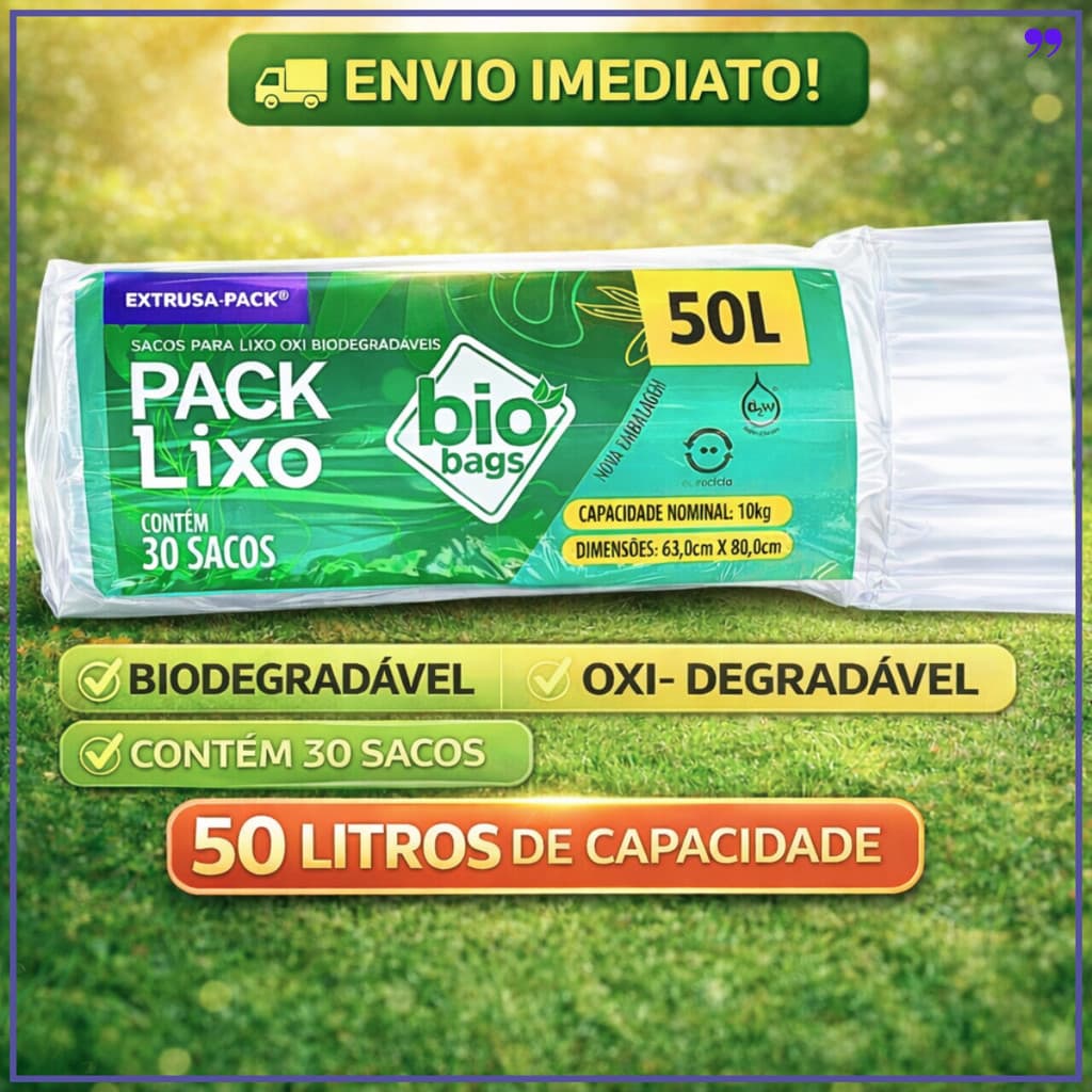 Saco de Lixo BIODEGRADÁVEL 50 Litros com 30 Sacos | Oxi-Biodegradável Reforçado | Envio Imediato | 63x80cm