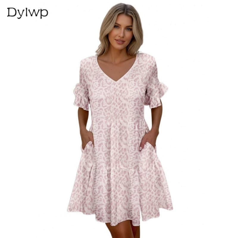 Vestido Feminino De Manga Curta Com Bolso Estampado Verão Minivestido Decote Em V