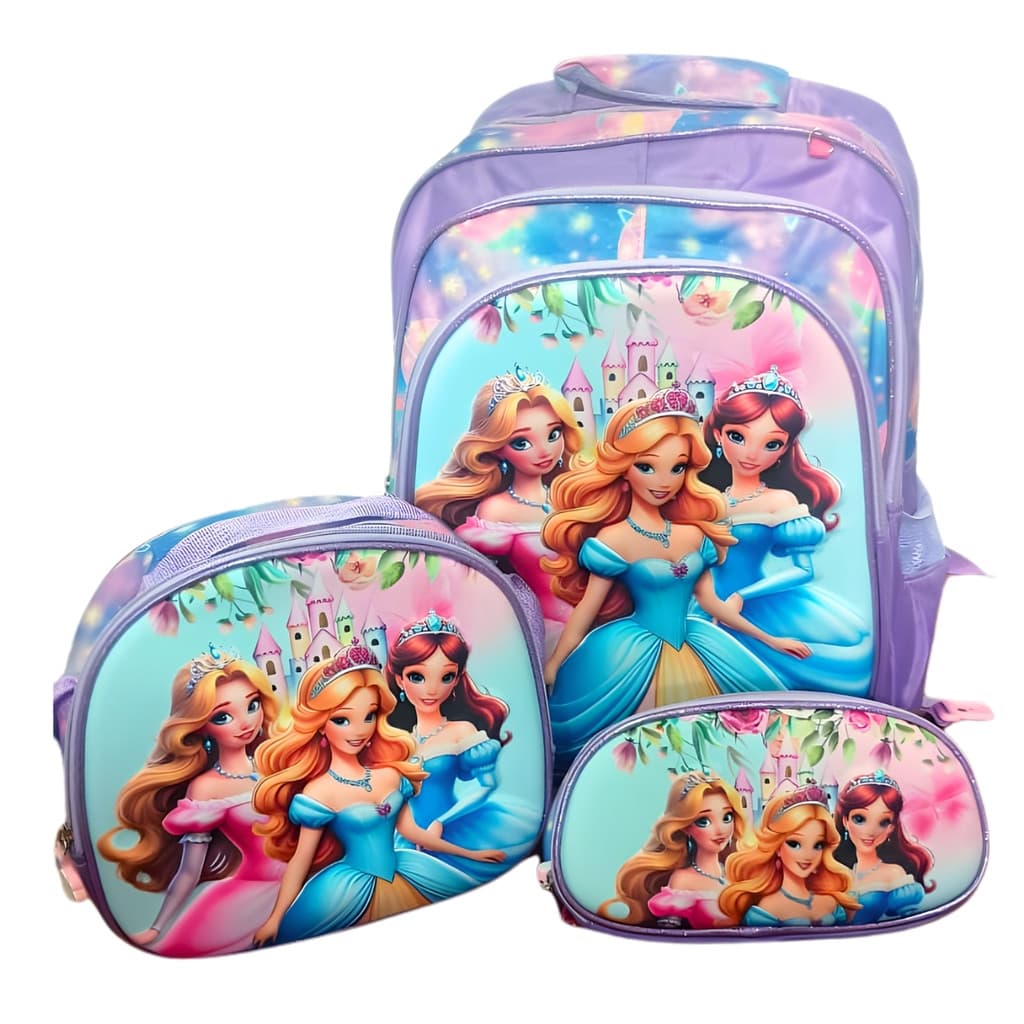 Kit Escolar Infantil 3D Princesas Mochila Lancheira Estojo - Volta Aulas