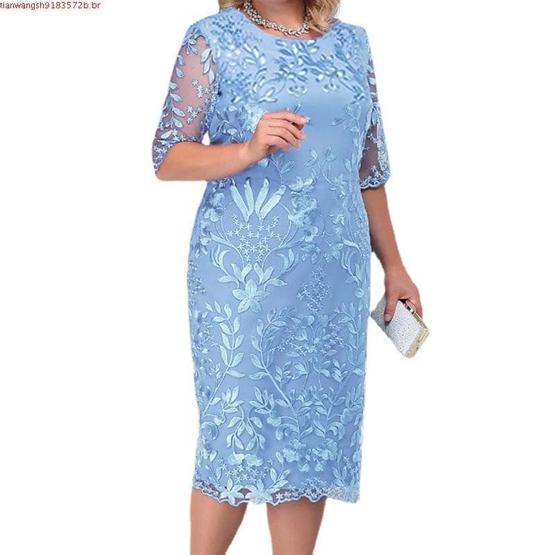 2 Cores L-5XL Vestido De Renda Feminina Tamanho Grande Gola Redonda Plus Size Festa 3256