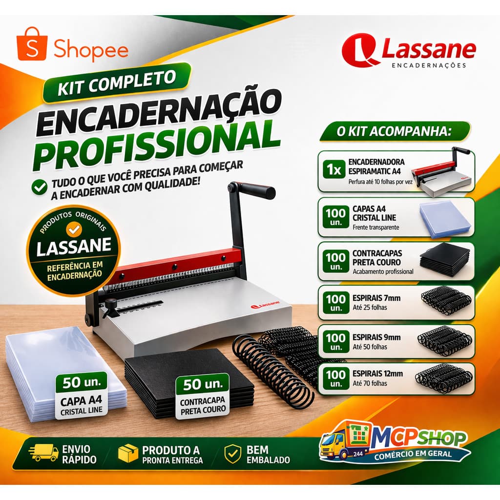 Kit Encadernação Lassane Espiramatic A4 + 100 Capas + 300 Espirais 7 9 12mm Profissional