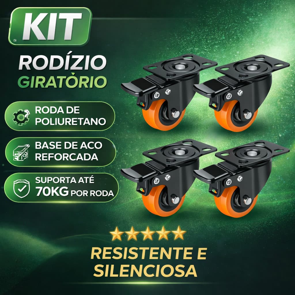 Kit 4 Rodinhas Rodízios Rodas Moveis Com Base Giratória Freio Trava Rodízio Anti-risco Reforçada