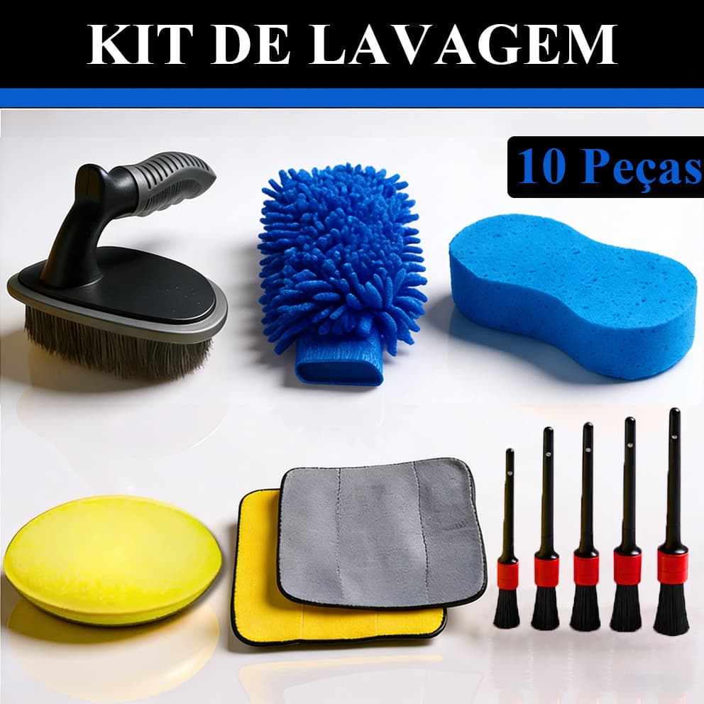 Kit 10 Peças Limpeza Automotiva Esponja Luva Microfibra Escova Pneu Flanela Aplicador de Cera e Pincéis