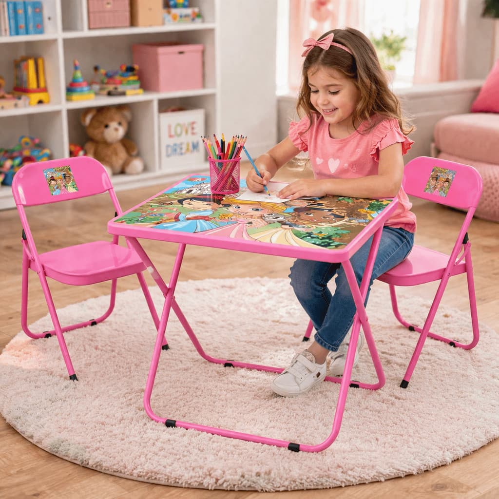 Kit Conjunto De Mesa Infantil 2 Cadeiras Dobrável Aço Qualidade Premium Atividades Infantis