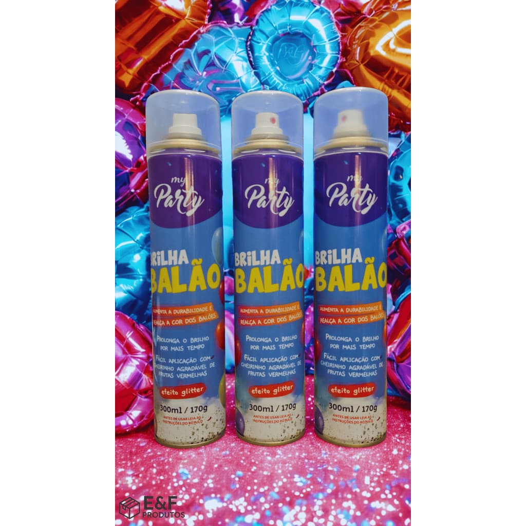 Kit 3 Spray Brilha Balão Com Glitter 300ml – Brilho Intenso, Maior Durabilidade e Acabamento Profissional para Bexigas e