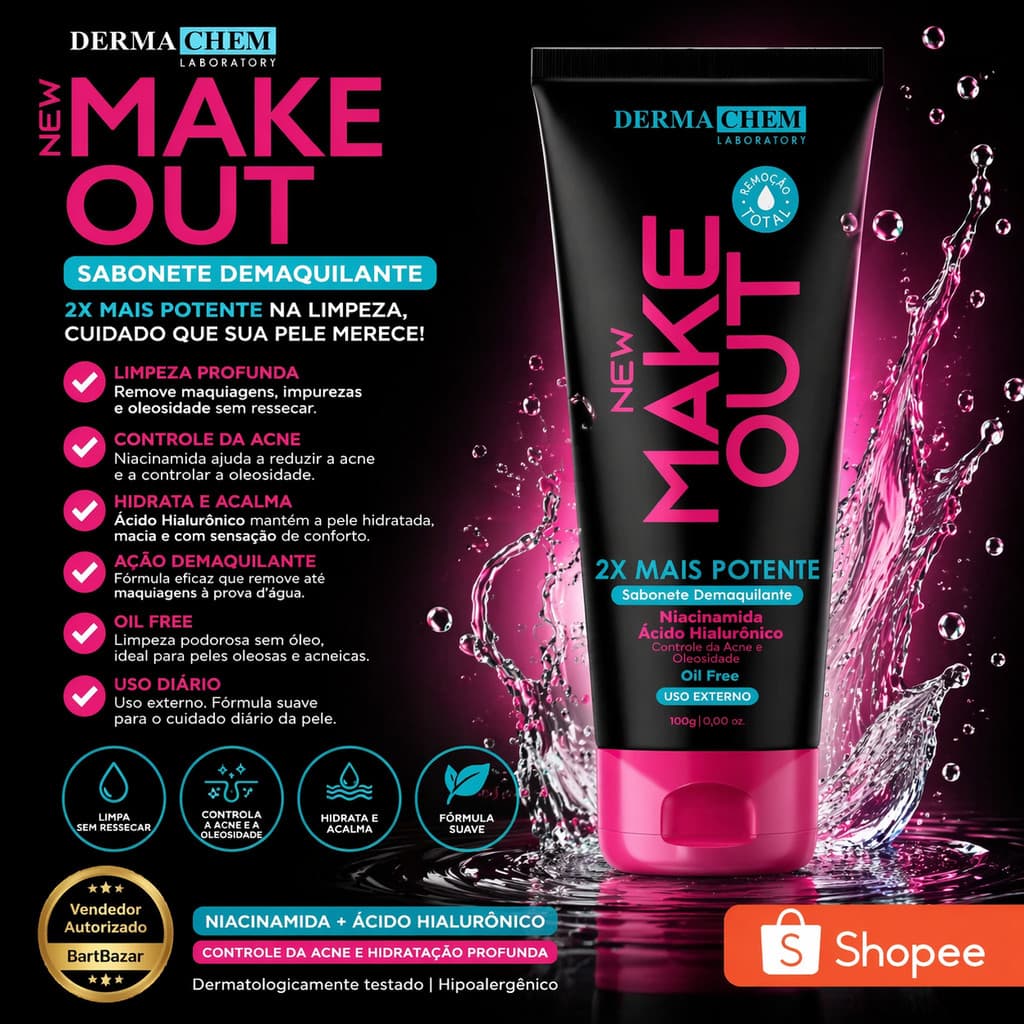 Demaquilante Dermachem New Make Out Sabonete Facial 100ml Oil Free Ácido Hialurônico Limpeza Eficaz 2x mais 1