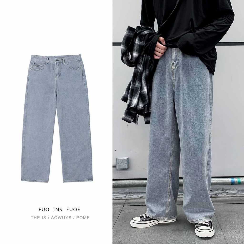 Hong Kong estilo pingente Jeans de perna larga masculino solto rua Wear chão calças compridas primavera verão Retro tend