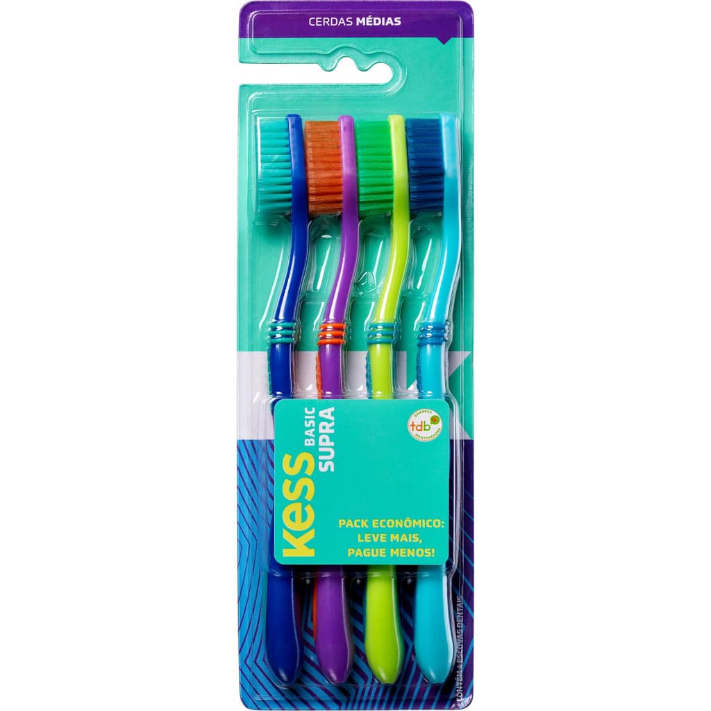 Kit 4 Escovas Dentais Kess Supra Multicor Cerdas Macias Higiene Bucal Econômico