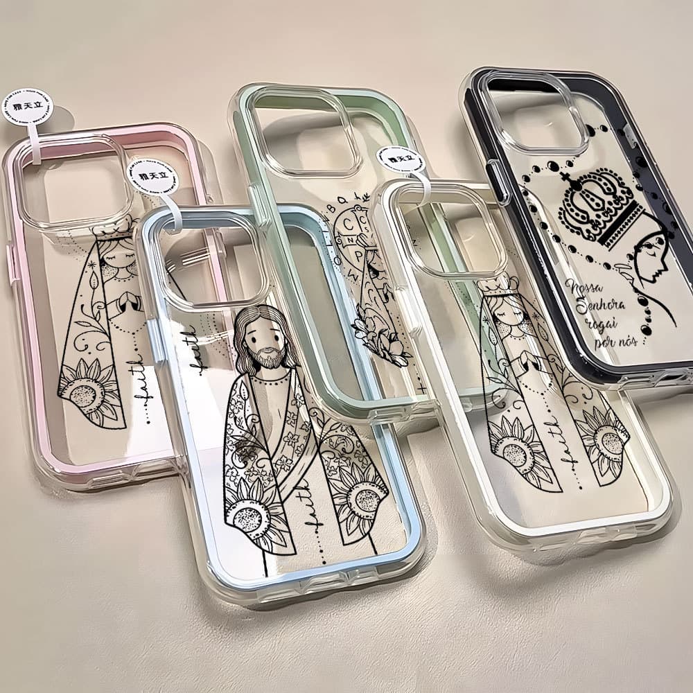 Série Religiosa 2 Em 1 Capa Capinha Para iPhone 16 15 14 Plus 13 12 11 17 Air Pro Max Transparente Anti-Impacto Nossa Se