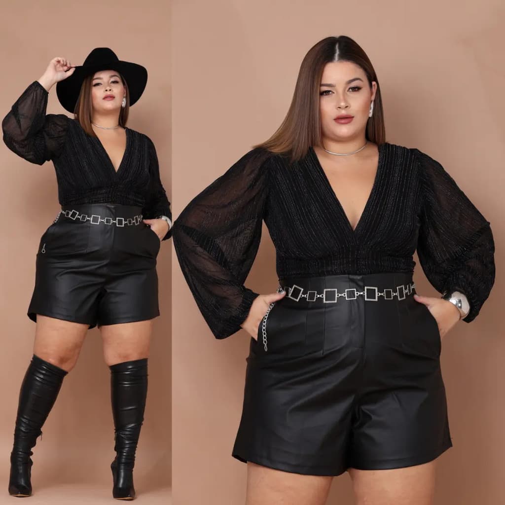 Kit Plus Size Estilo Gringa Body Manga Longa E Short Couro