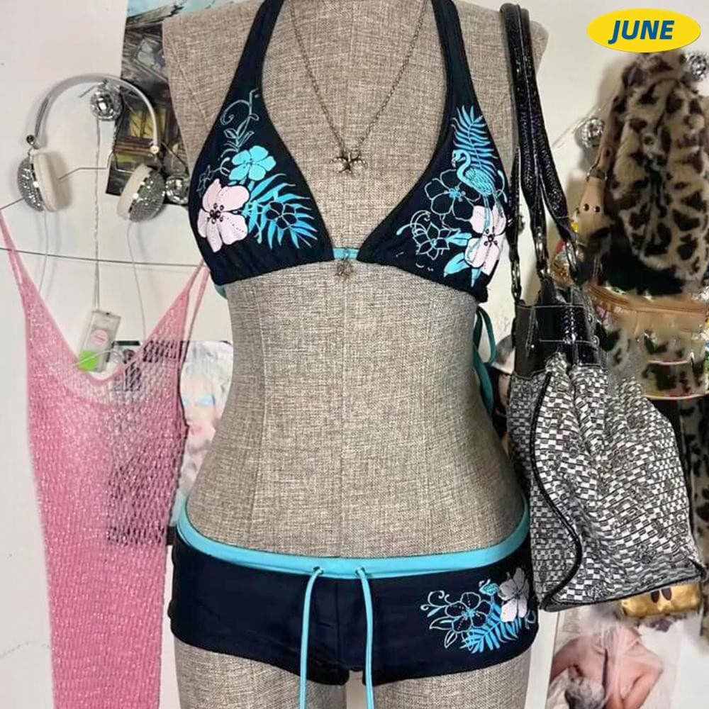 Conjunto De Biquíni De Junho , Roupa De Banho Vintage Com Alça Halter Ajustável , Estampa De Flores , Cintura Baixa Prai