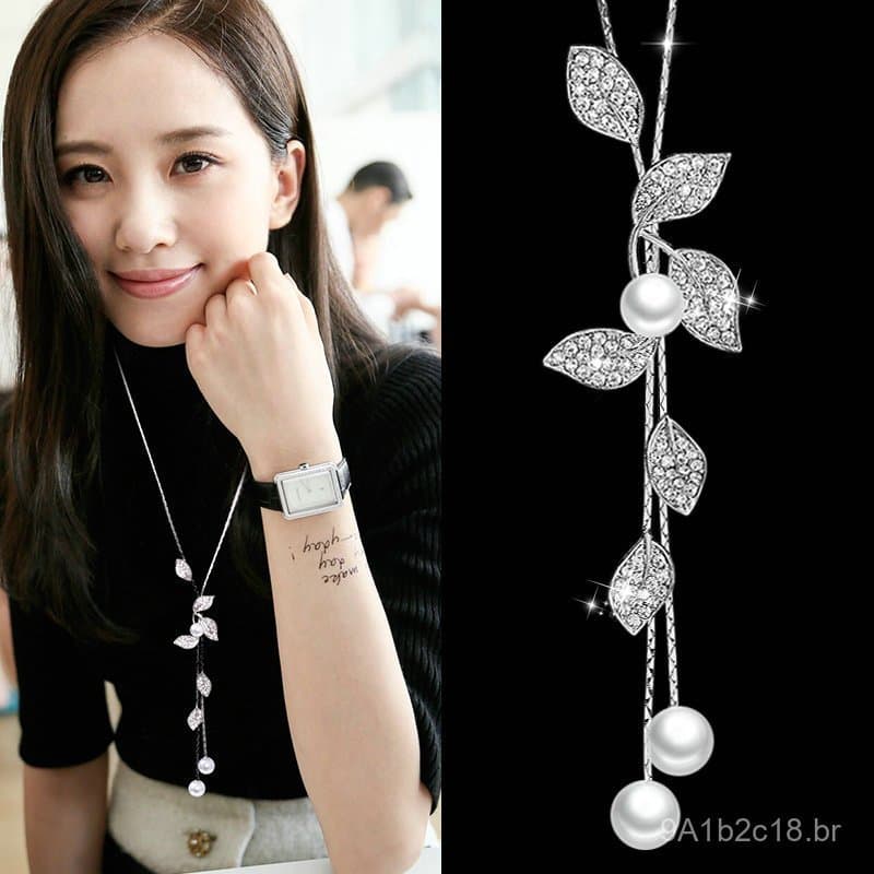 Colar de pérolas longo, versátil, simples e elegante, estilo coreano, colar com franjas, corrente para suéter, acessório