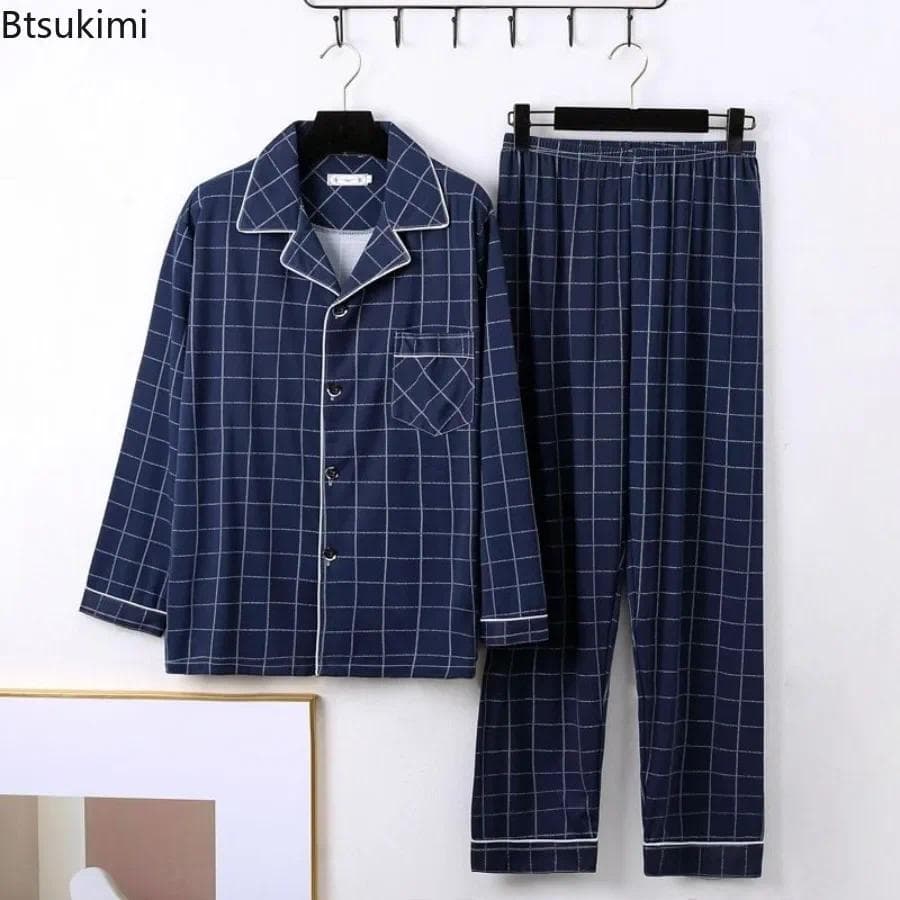 100 % Algodão Pijamas Para Homens Primavera Outono Conjuntos De Pijama Clássico Xadrez Impresso Single-breasted Calças D