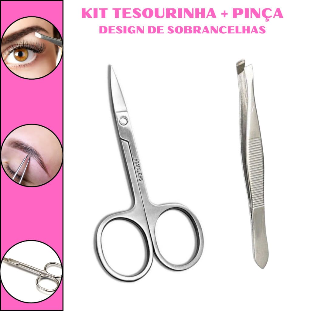 Kit Tesoura + Pinça Tesourinha Cortar Unha Sobrancelha Cílios + pinça 2 em1