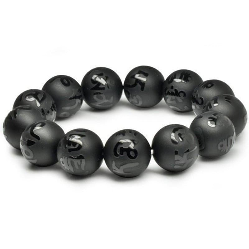 Pulseira de Ágata Preta Natural com Mantra de Seis Caracteres, Contas Budistas de 14mm para Homens e Mulheres, Casais, E