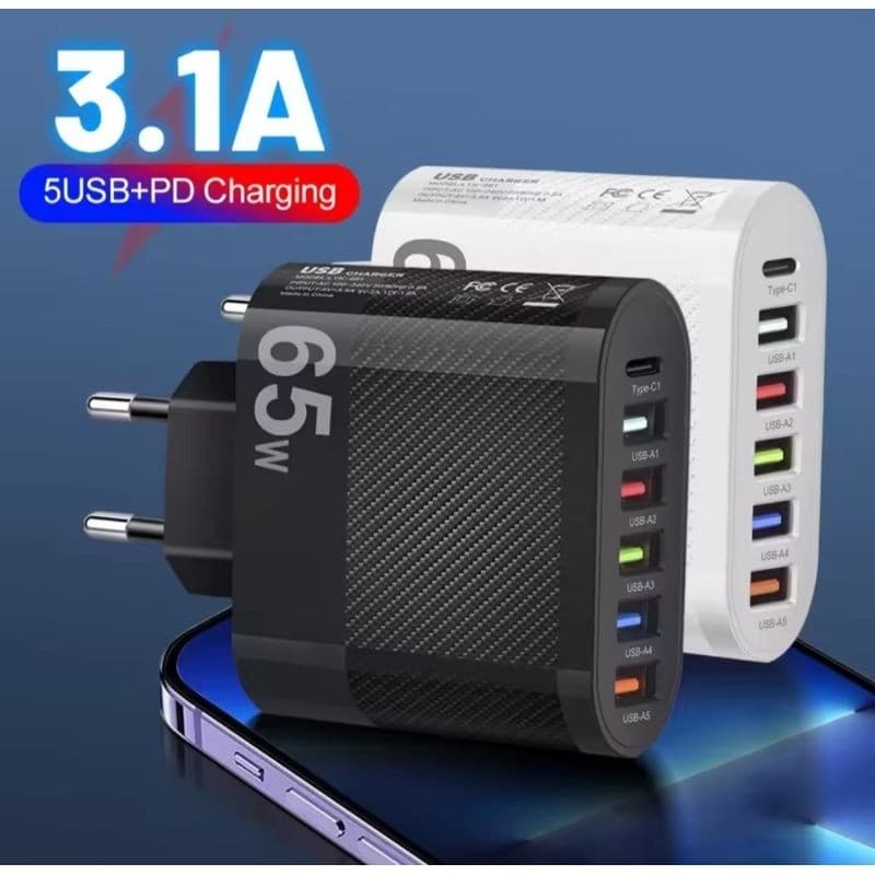 Carregador Turbo 65W 6 Portas USB + USB-C | Carregador Rápido Universal