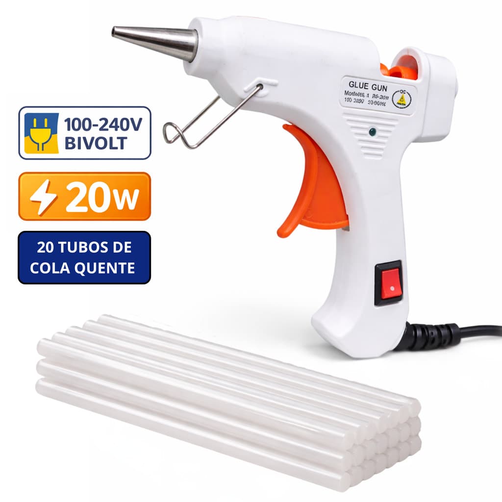Pistola Cola Quente Bivolt 20W com 20 Bastões 26cm Artesanato Profissional