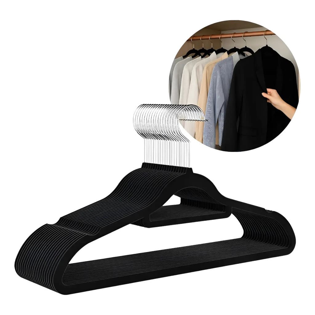 Kit 20 Cabides Veludo Slim Preto Antiderrapante Gancho Giratório Facilite.ud