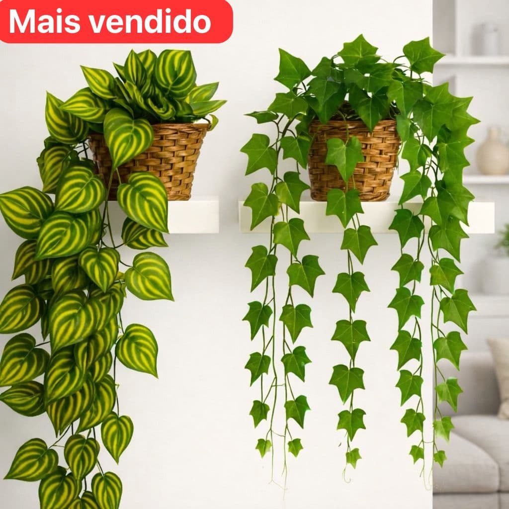 Arranjo Completo 1 Vaso Trançado com 2 Folhagens Penduradas Artificiais Verde Para Decoração de Ambientes