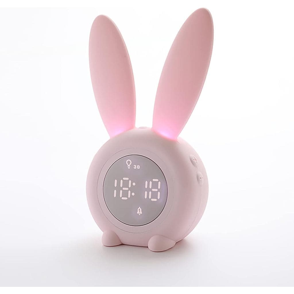 Despertador Infantil KDtech com Luz Noturna e 6 Toques, Relógio Digital Rosa em Forma de Coelhinho para Crianças, Contro