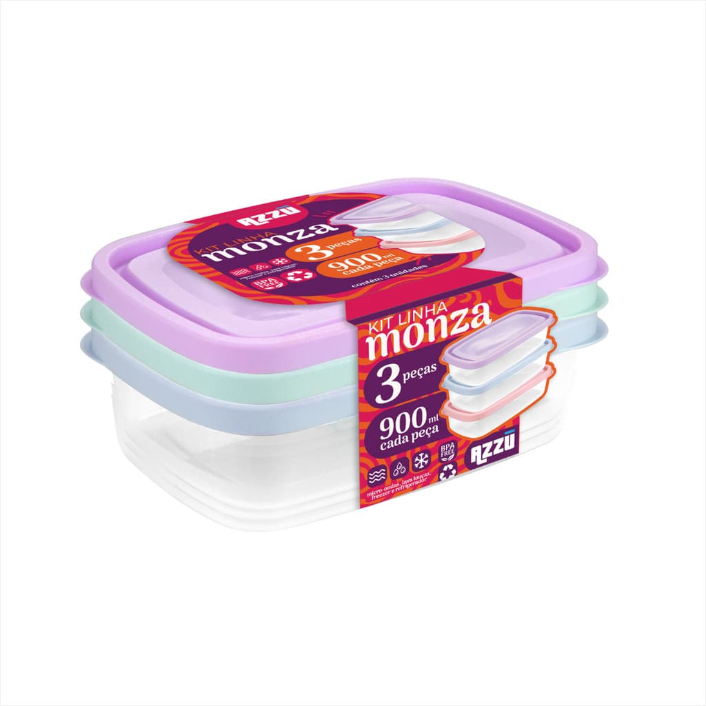 Kit 3 Potes Plástico Organizador Mantimentos Freezer 900ml Micro-ondas Lanches Marmita Cor Sortida