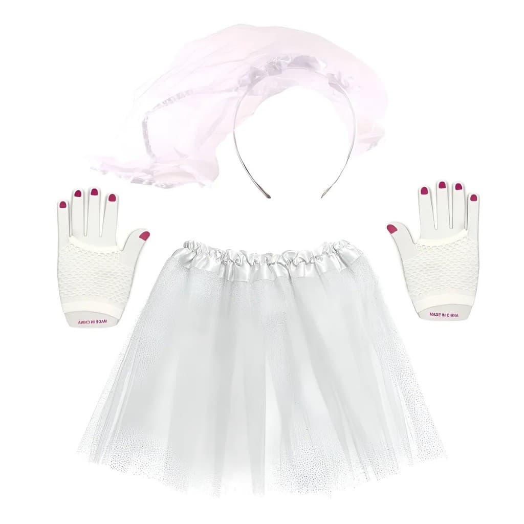 Fantasia Noiva Carnaval Saia Tutu Tiara Luvas 3 Pçs Branco Adulto/Criança