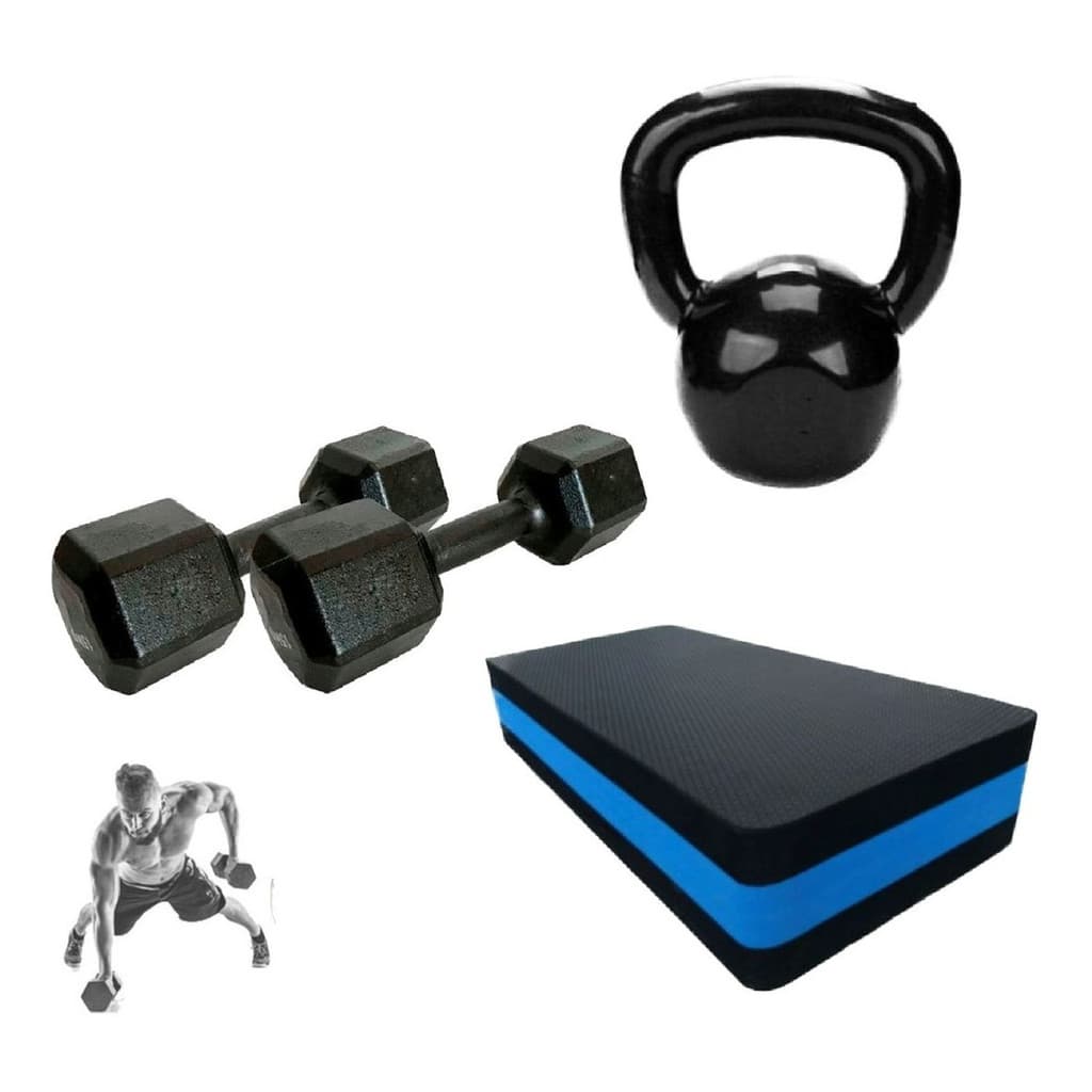Kit Emagrecedor Fitness Step + Kettlebell + Halter Sextavado