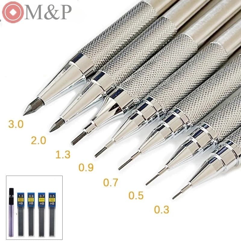 0,3/0,5/0,7/0,9/1,3/2,0mm Conjunto De Lápis Mecânico Desenho De Arte Metálico Completo Pintura Líderes Automáticos Mater