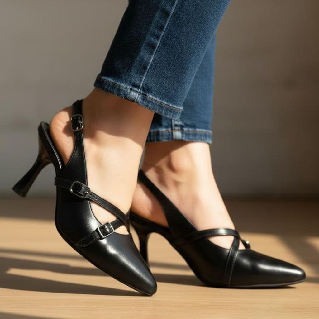 Sapato Slingback Feminino Elegante Bico Fino com Tiras Ajustáveis Salto 7cm Confortável Macio Social Igreja Trabalho