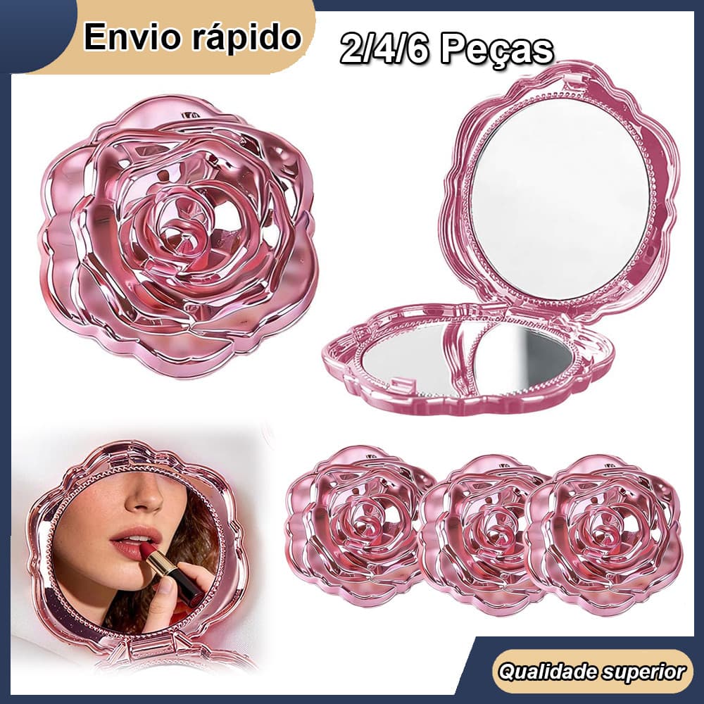 Espelho de maquiagem redondo em formato de rosa, espelho de maquiagem requintado, espelho de viagem, 6.3x6.3cm, rosa, pa