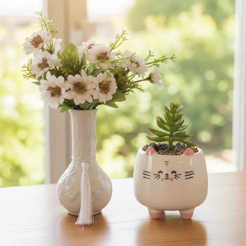 1 Enfeite Cachepot Mini Jarro Porcelana Com Flor Pequena Branco Conjunto - vaso com tassel