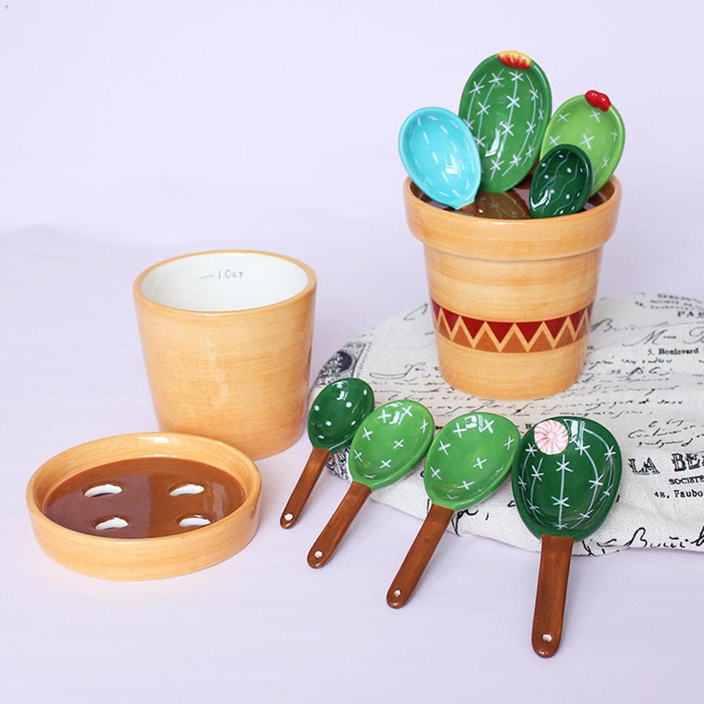 Conjunto De Colheres Medidoras De Cacto De Desenho Animado , Cerâmica Sem Chumbo Para Enfeites De Casa De Cozinha