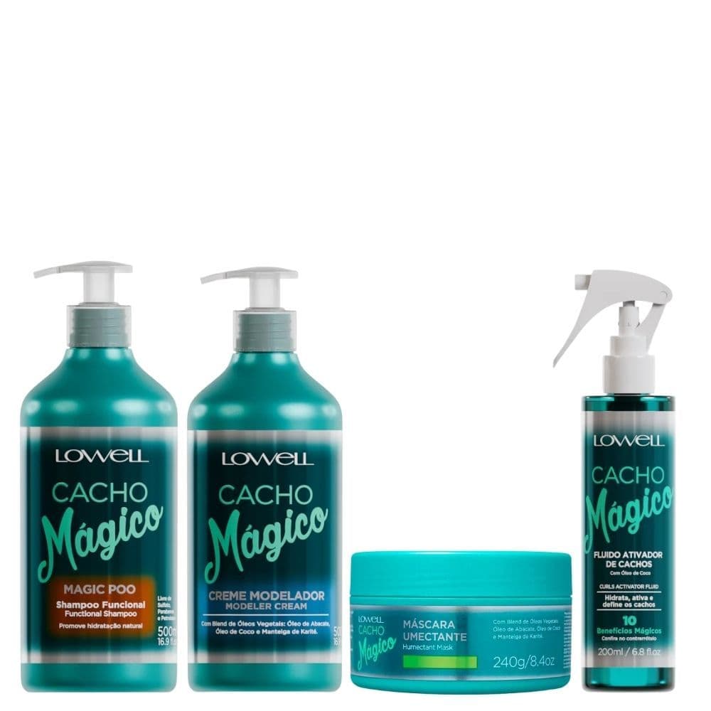 Kit Cachos Mágicos Completo Shampoo 500ml + Creme Modelador + Máscara 240g + Fluido Ativador – Lowell