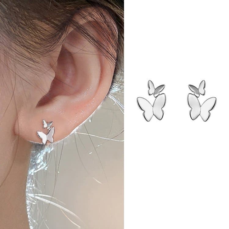 Brincos de borboleta dupla em prata esterlina S925 para mulheres, delicados e elegantes, design exclusivo, sensação de a