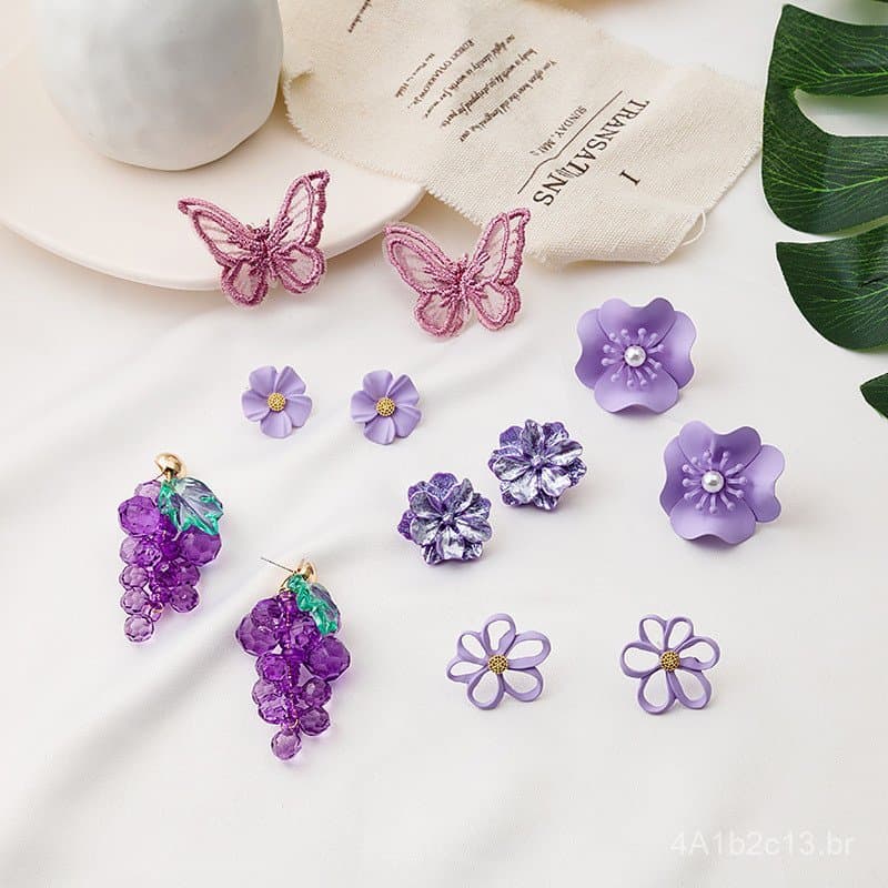 Brincos de borboleta e flor roxa ultra-românticos e modernos, com agulha de prata 925, estilo coreano popular com pérola