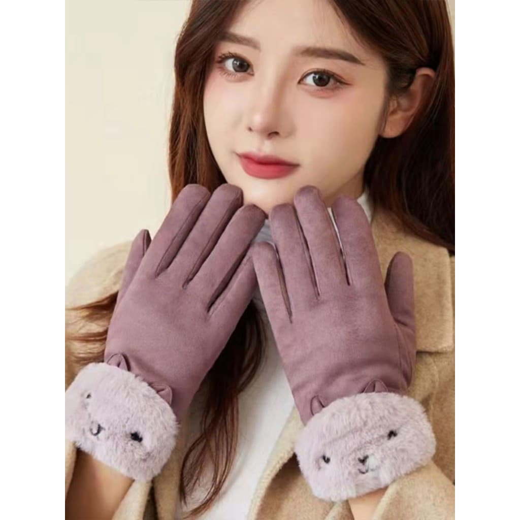 Luvas femininas inverno engrossado velo ciclismo camurça quente dos desenhos animados bonito à prova de vento frio antic