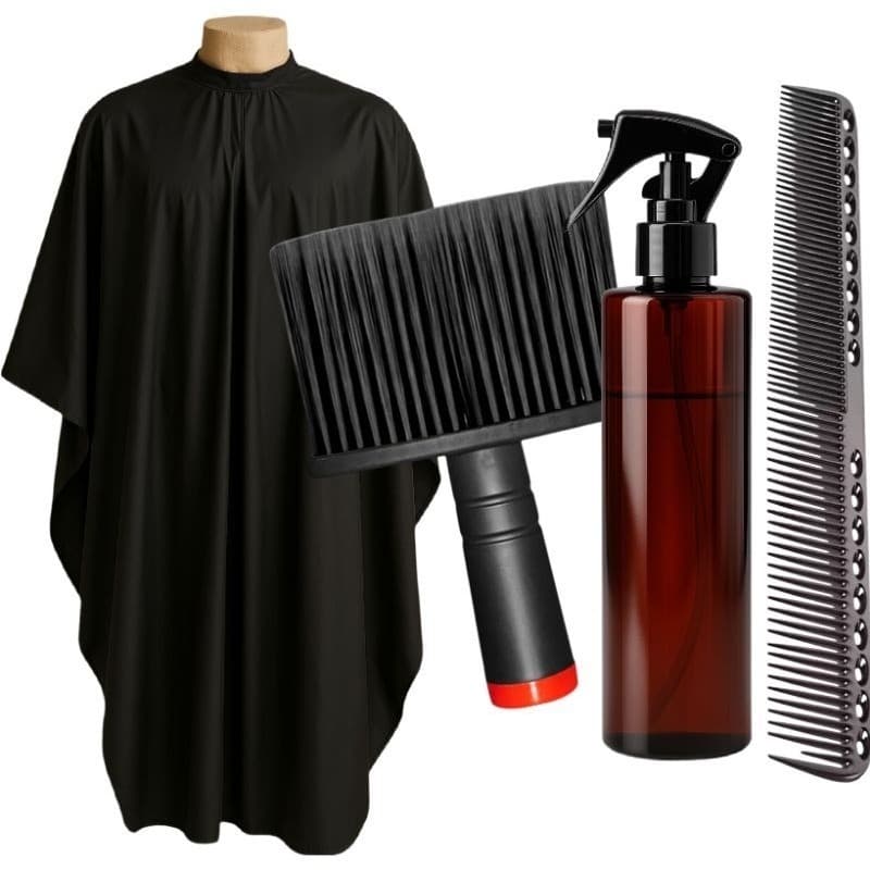 Kit Barbeiro Profissional Capa De Corte + Borrifador + Pente Carbono + Espanador Profissional