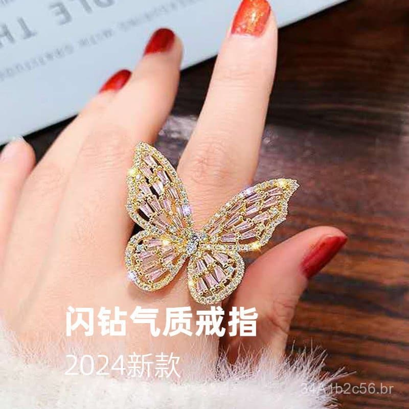 Anel de borboleta popular com diamantes brilhantes, anel aberto para o dedo indicador, direto do fabricante, novo modelo