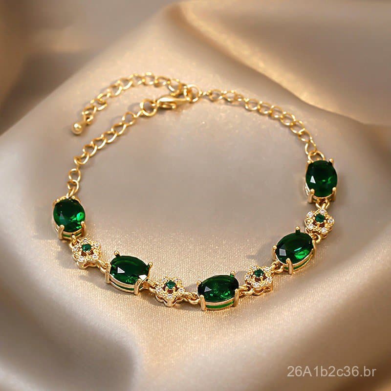 Pulseira de cristal esmeralda banhada a ouro verdadeiro, luxo discreto, única e moderna, com zircônia requintada, joias