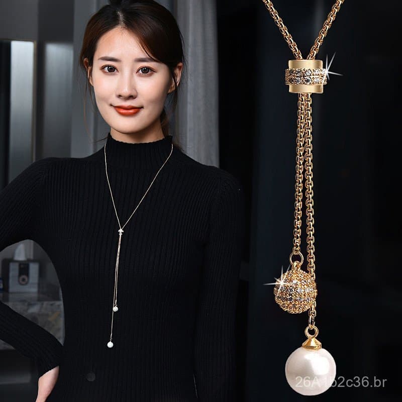 Colar versátil coreano e japonês para mulheres, colar longo, acessório de moda, joia com pingente de borla de pérola, ve