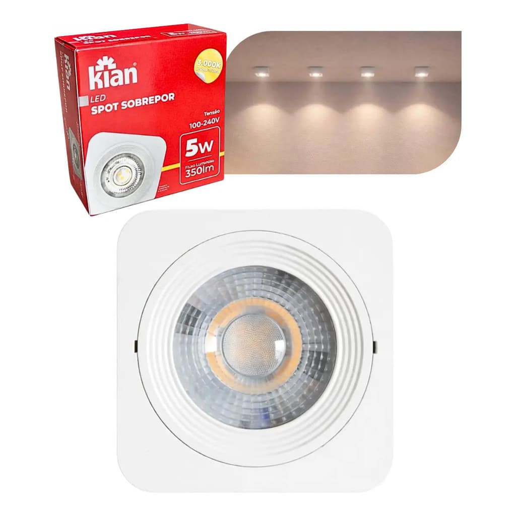 Spot Led Sobrepor Quadrado Branco 5w 3000k Kian Luz Quente