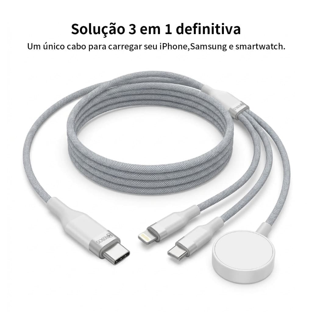 Cabo Multi-Carregamento 4 em 1 (USB-C + Lightning + USB-C + Apple Watch), 60W, Carregamento Simultâneo