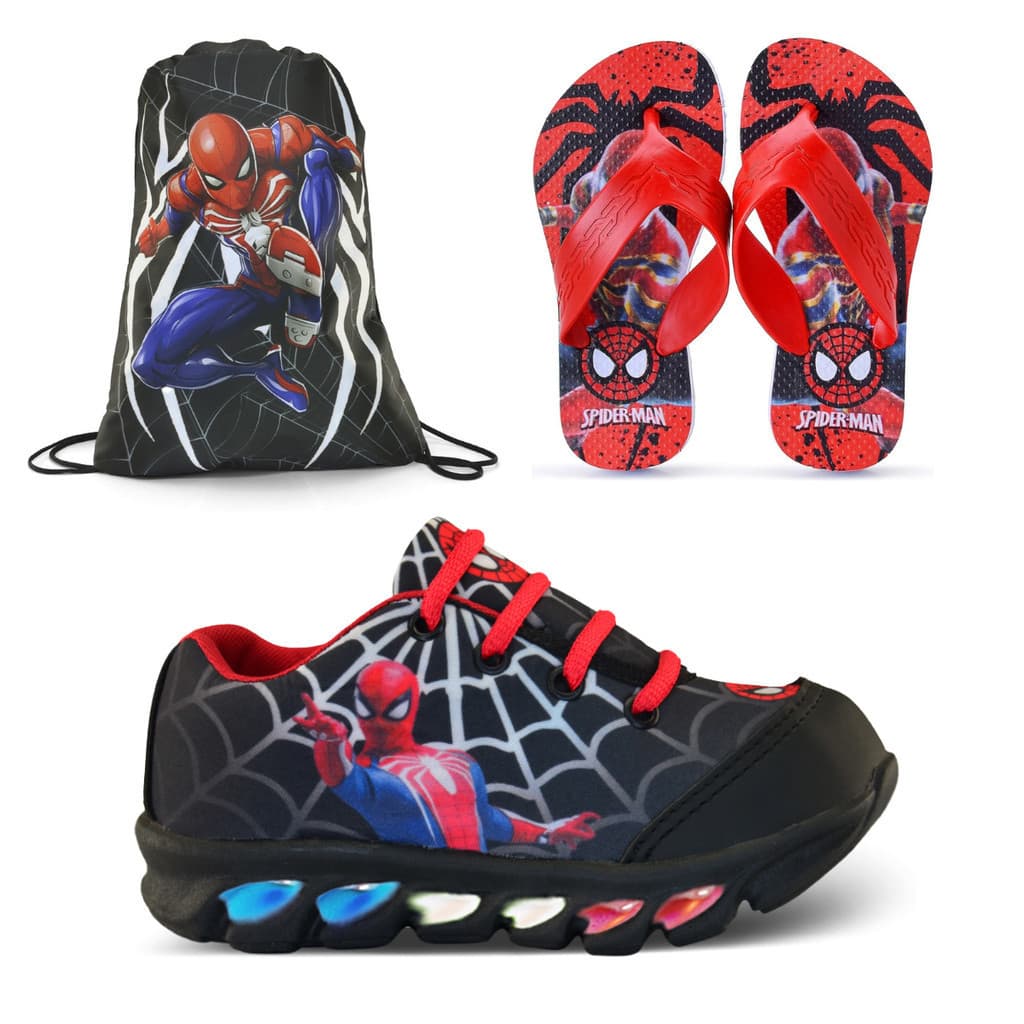Kit Tênis Infantil de Led com Mochila e Chinelo do  Aranha Casual