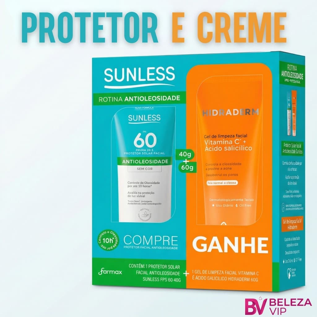Kit Facial Protetor Solar FPS 60 Toque Seco + Creme de Limpeza Hidraderm Vitamina C Sunless