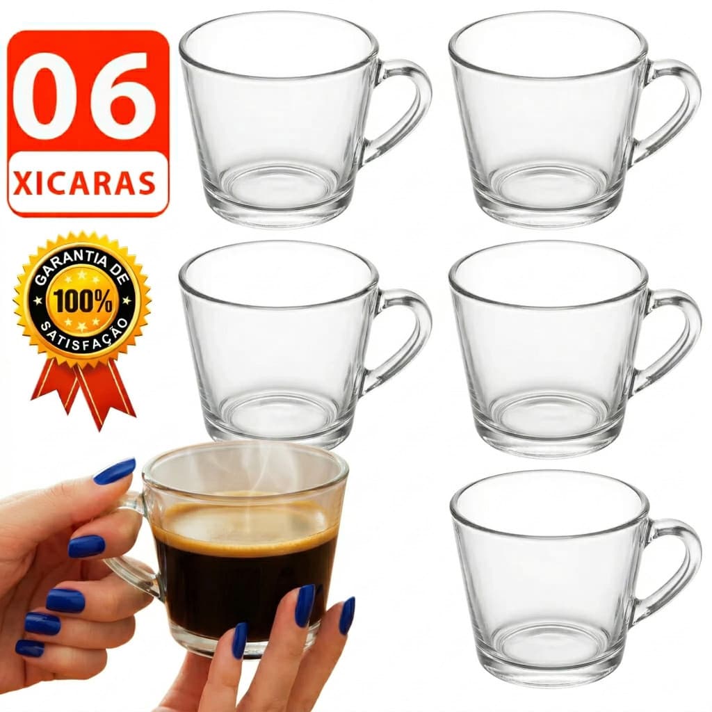 Jogo de Xicara 06 Peças Xicaras Sino Transparente Caneca Chá Café