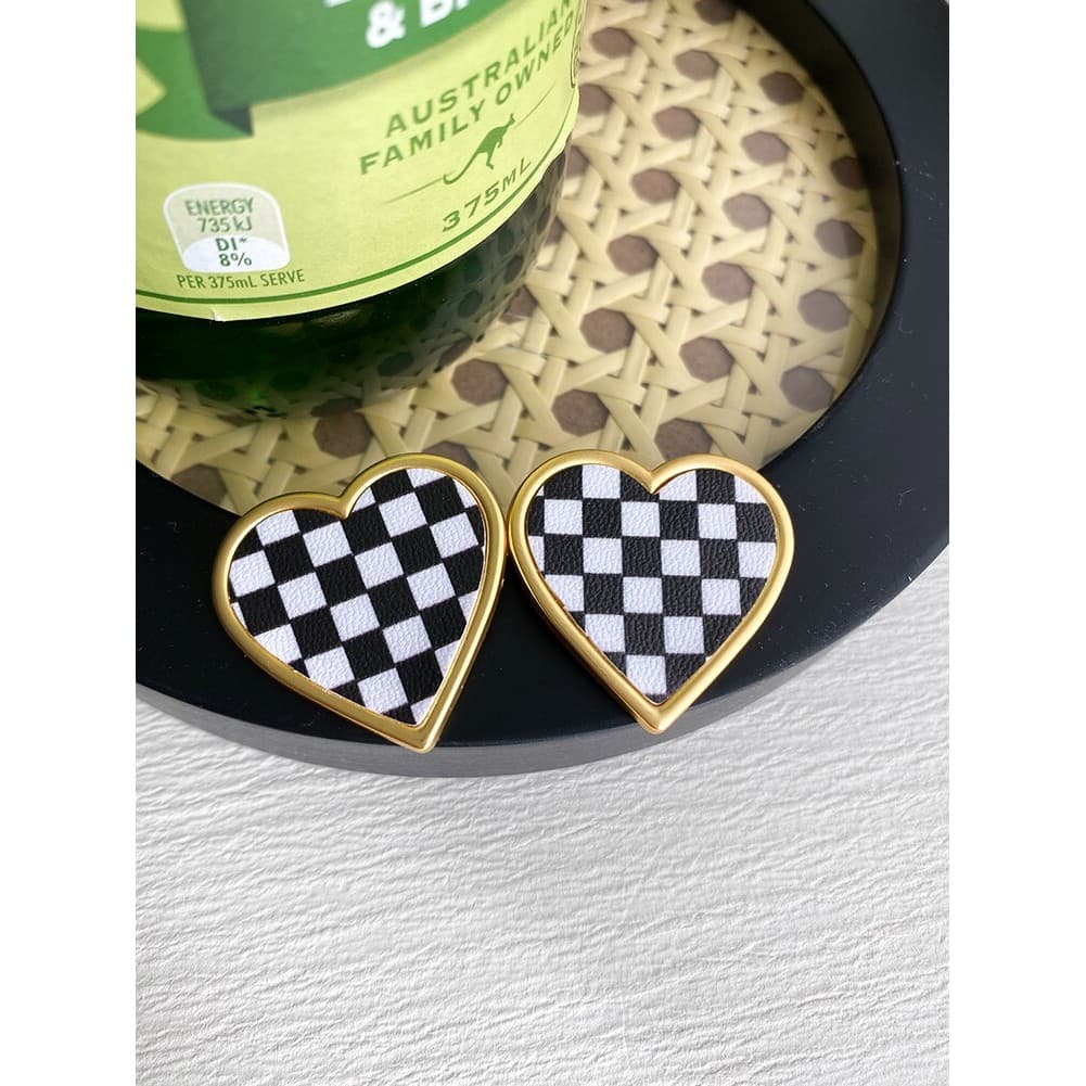 Moda ~ geométrico amor coração prata agulha brincos preto branco xadrez japonês coreano leopardo impressão Design Retro